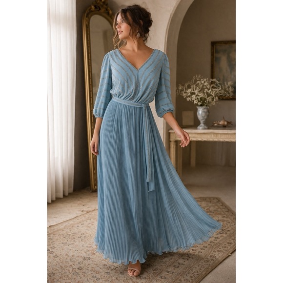 Jack Bryan Dresses & Skirts - Vintage Jack Bryan Beaded Maxi Dress Pleated Blue Grecian Evening Prom Size S